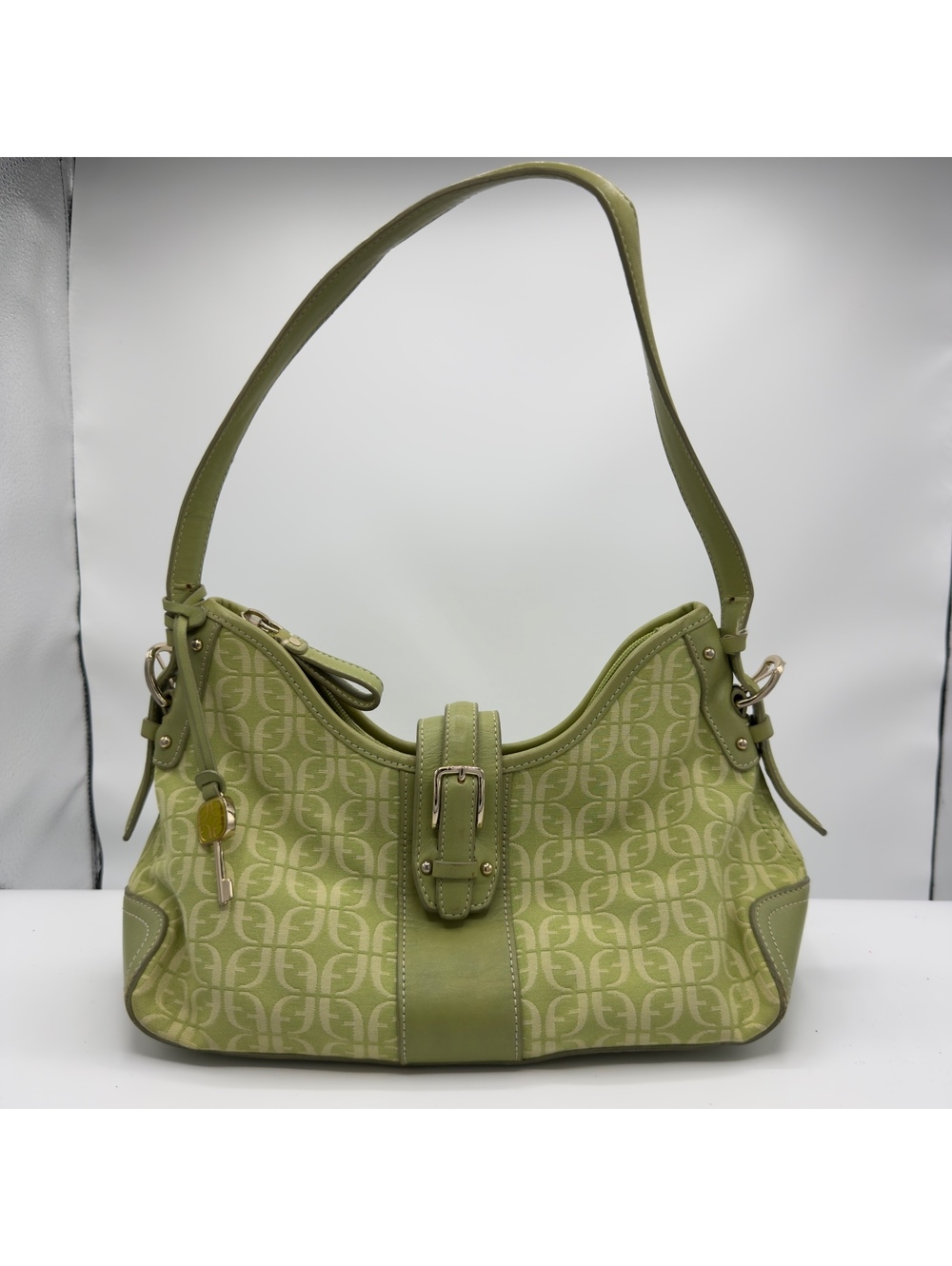 Y2K Fossil Light Green Monogram Canvas Shoulder Bag Hobo Purse Key Charm